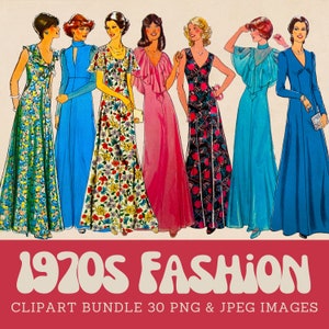 1970 年代のクリップアート 女性ファッション クリップアート バンドル グルーヴィーな 70 年代のレトロ ファッション クリップアート