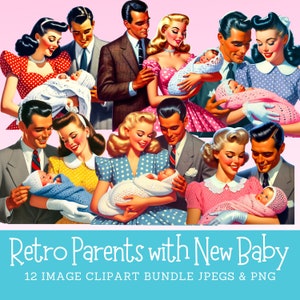 Paquete de imágenes prediseñadas de padres con bebé de la década de 1950: mamá y papá retro sosteniendo a un bebé recién nacido, descarga digital para uso comercial