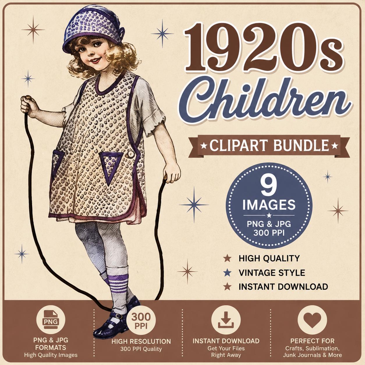 1920年代風ヴィンテージキッズクリップアートバンドル：レトロな子供用