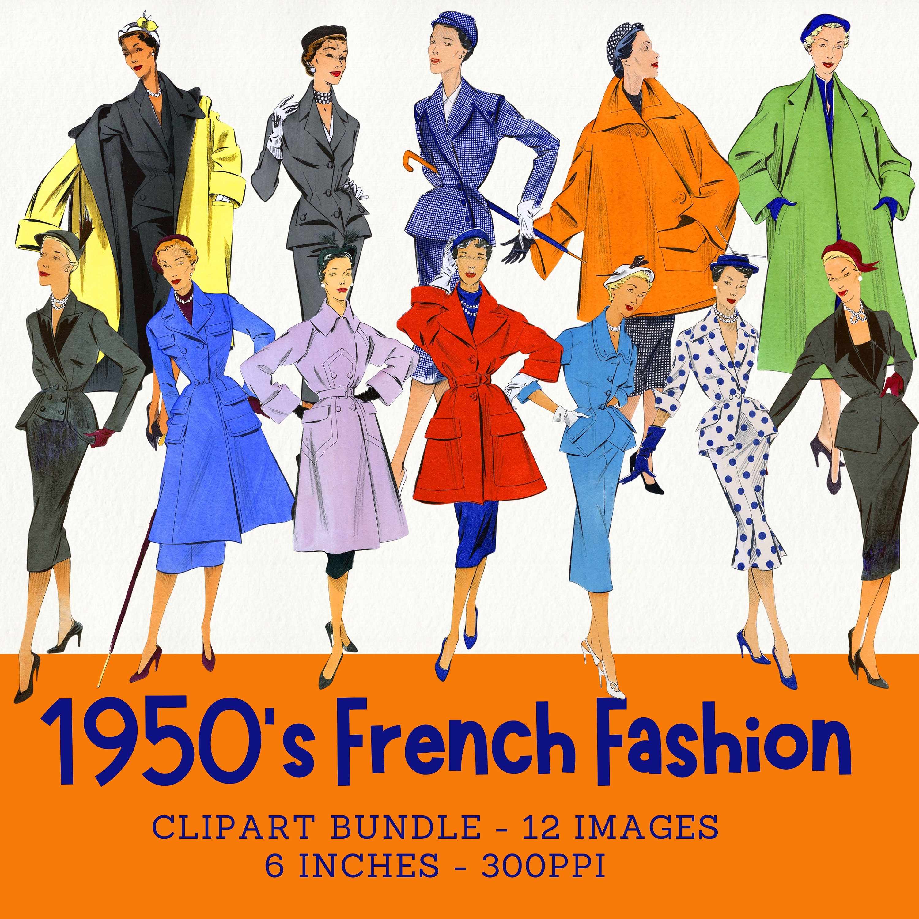 1950s French Fashion Clipart Bundle: Mid-century Women (digital