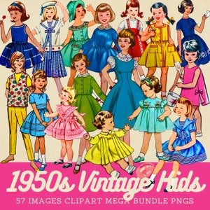 Paquete de imágenes prediseñadas de moda de mediados de siglo para niños de la década de 1950 Paquete de imágenes prediseñadas de corte minucioso para niños de la década de 1950