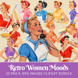 Pacote de clipart de mulheres retrô 1950s mulheres vintage dona de casa retro mulher humores download de imagem digital