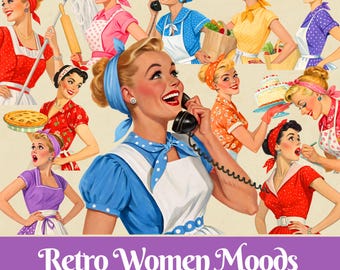 Retro Housewife Clipart Bundle: 1950s Women PNG & JPEG (Digital Download)