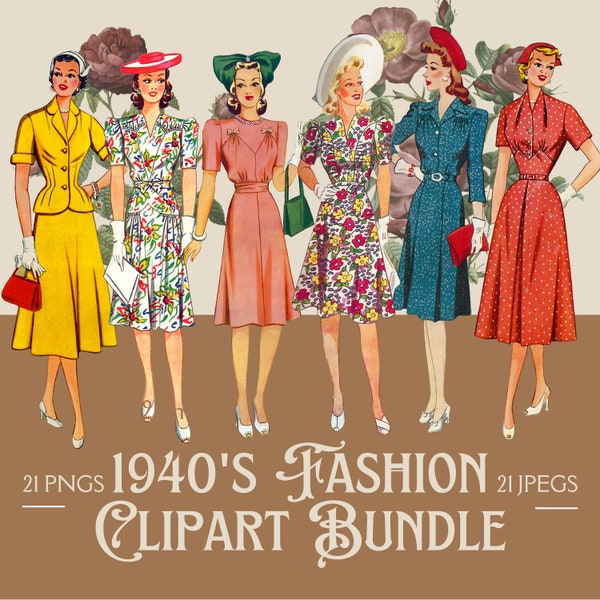 1940s Fashion Clipart Bundle 1940s Women Fussy Cuts Vintage Fashion Clipart PNG 1940s Ladies Images Cards Gift Tags