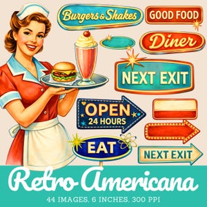 May include: A digital illustration of a server in a red uniform holding a tray with a burger and milkshake, surrounded by various diner-themed signs with text including Burgers & Shakes, Good Food, Diner, Next Exit, Open 24 Hours, and Eat, plus 6 inches text.