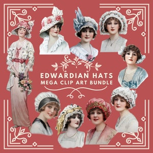 Vintage Hats Clip Art Bundle Edwardian Ladies&#39; Hats Clipart Bundle Fashion Hat Digital Download