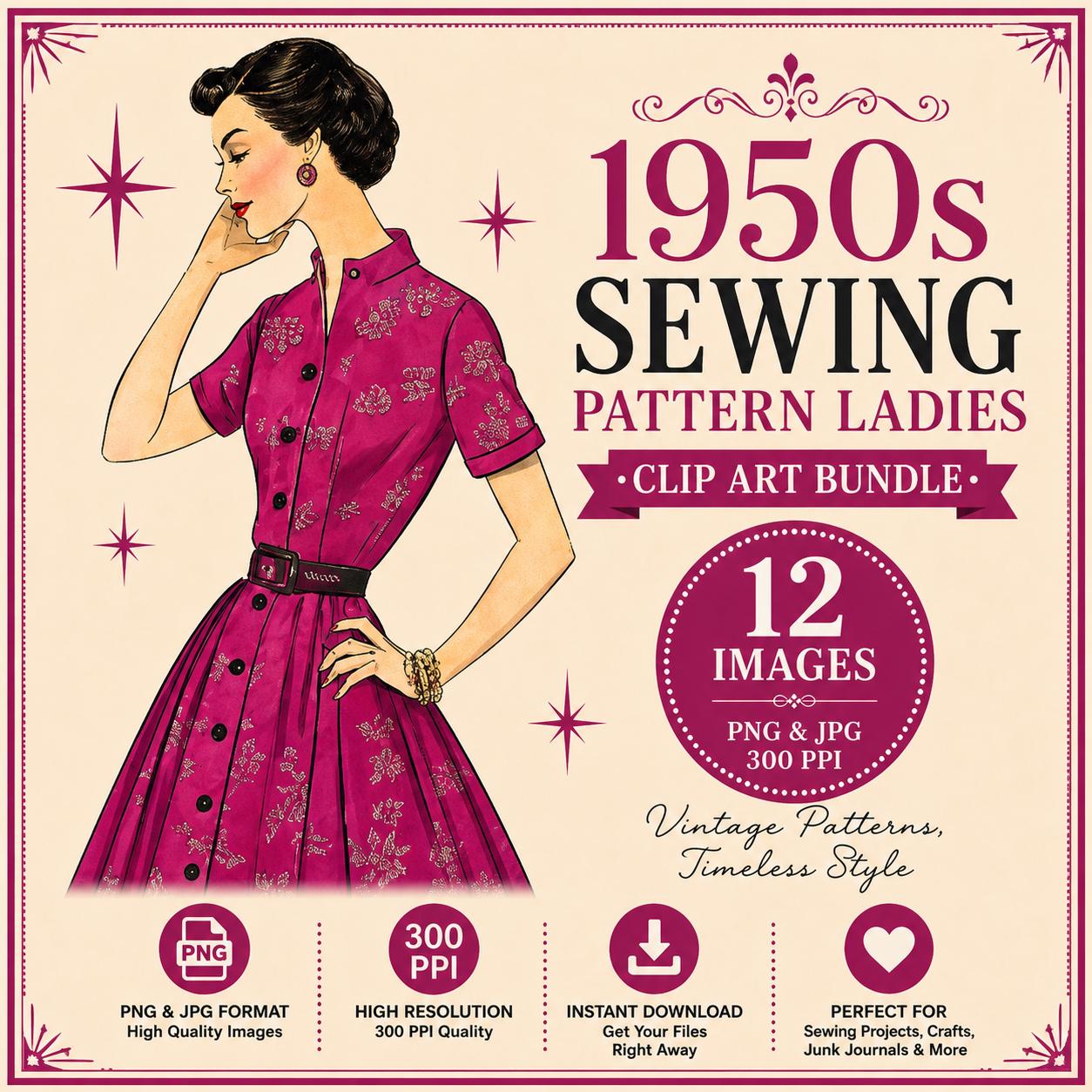 1950s Fashion Clip Art: Mid-century Ladies Dresses (digital Images