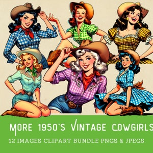 Vintage Cowgirls Clipart Bundle 1950er Jahre Frauen Cowgirl Fussy Schnitte Western Ladies Retro Cowgirls PNG