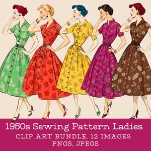 Image clipart mode modèle de couture des années 1950 Robes pour dames des années 1950 Images numériques des années 1950 pour journal indésirable, étiquettes cadeaux, fabrication de cartes, coupes difficiles des années 1950