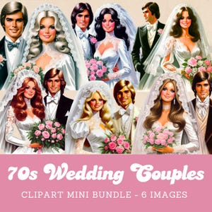 Paquete de imágenes prediseñadas de pareja de novios de los años 70. Imágenes prediseñadas de novios de los años 70 para uso comercial.