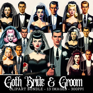 Paquete de imágenes prediseñadas de novios góticos, imágenes prediseñadas de bodas góticas retro, arte digital de novia gótica, uso comercial