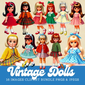 Pacote de clipart de bonecas vintage, imagens digitais de bonecas retrô dos anos 1960, uso comercial