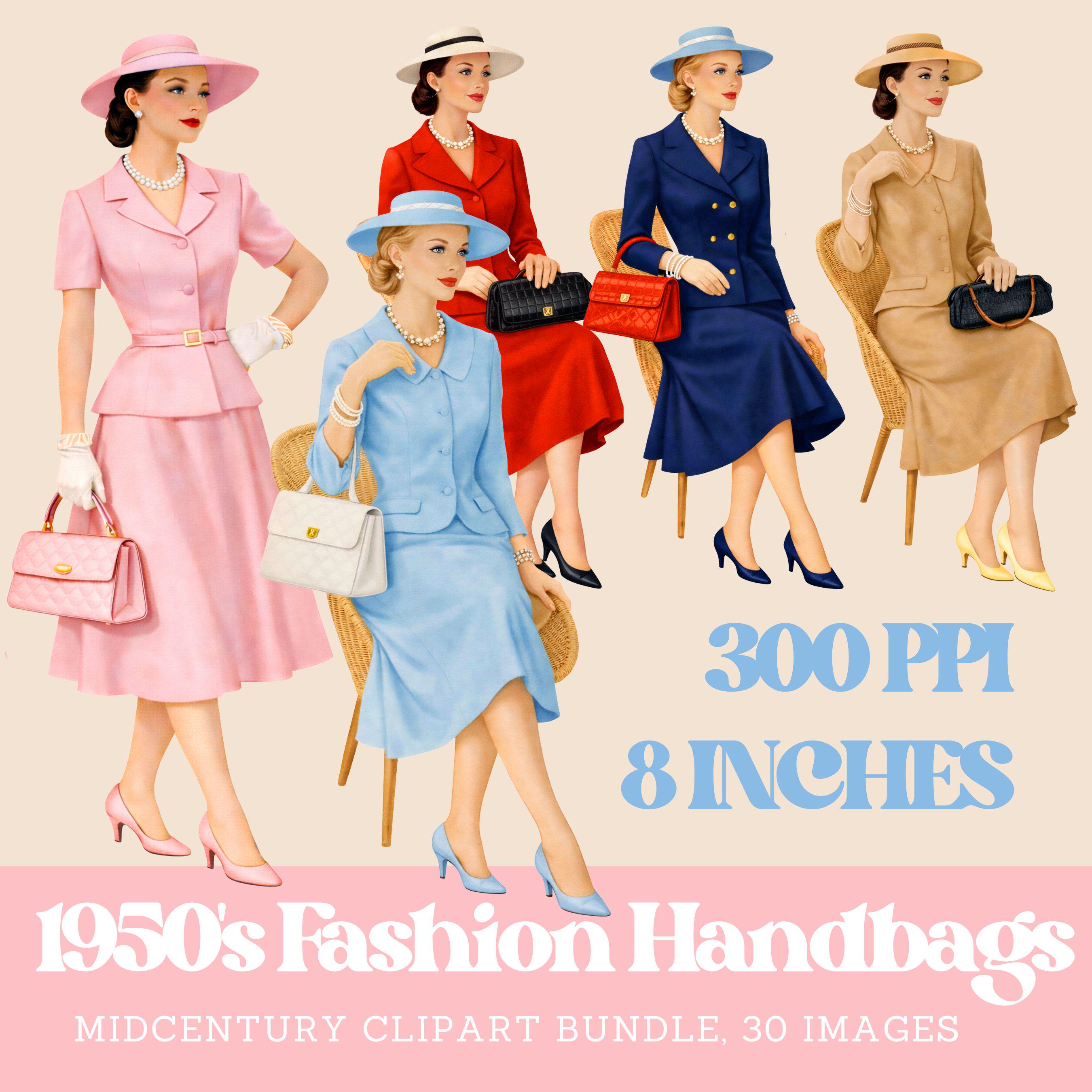 1950s Women Clipart: Midcentury Women Fashion Handbags (digital