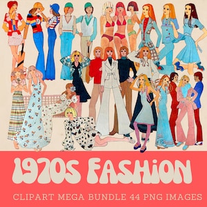 Jaren 70 mode-clipartbundel Groovy jaren 70-clipart megabundel Jaren 70 modekunst