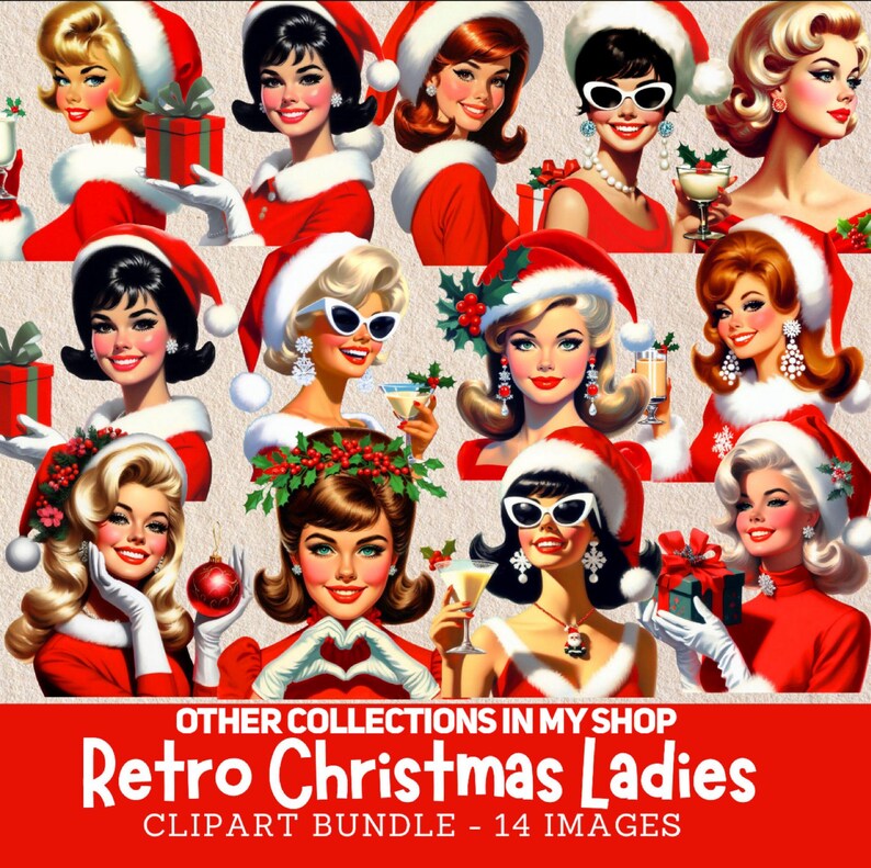 Retro Christmas Clipart, Retro Christmas women, 1960s Christmas Clipart, Midcentury Christmas digital images, 1960s women Christmas season, vintage Christmas card clipart