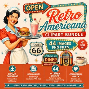 Op de afbeelding: Een digitale afbeelding met een retro diner-serveerder die een burger en milkshake vasthoudt, met de tekst Retro Americana Clipart Bundle, 44 Images PNG Files, Route 66, Drive-In Diner en 15,24 cm 300 PPI op een cr&egrave;me en oranje achtergrond.