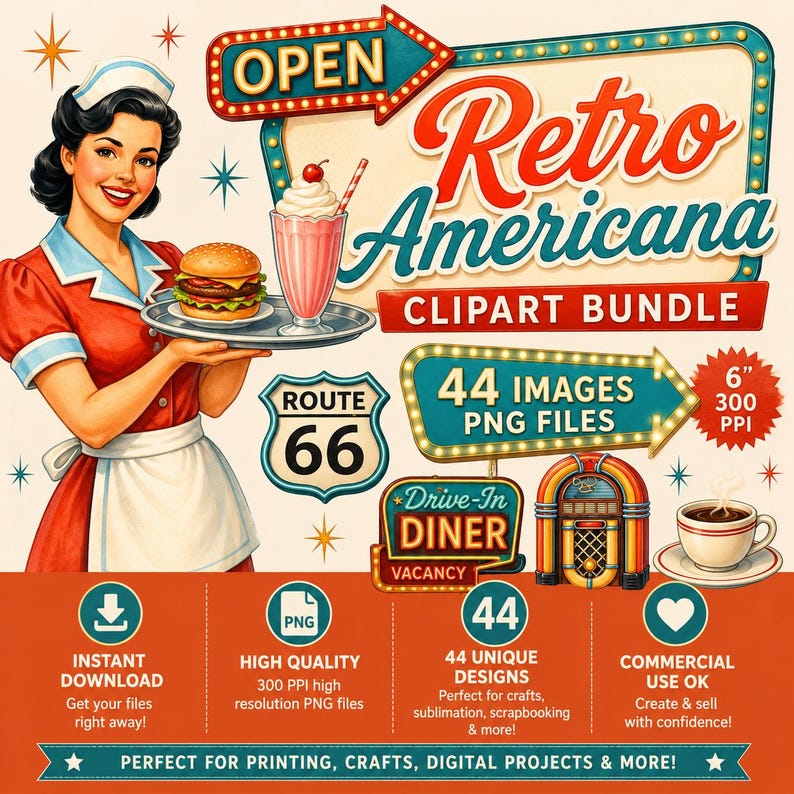 Op de afbeelding: Een digitale afbeelding met een retro diner-serveerder die een burger en milkshake vasthoudt, met de tekst Retro Americana Clipart Bundle, 44 Images PNG Files, Route 66, Drive-In Diner en 15,24 cm 300 PPI op een cr&egrave;me en oranje achtergrond.