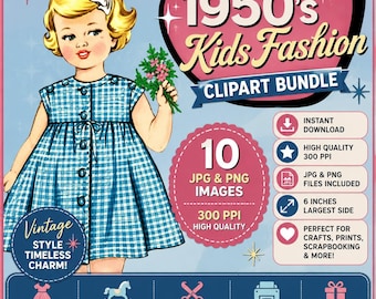Paquete de imágenes prediseñadas de moda infantil de los años 50: imágenes PNG de mediados de siglo (descarga digital)