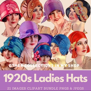 K&ouml;nnte beinhalten: Eine digitale Clipart-Sammlung mit verschiedenen H&uuml;ten im Stil der 1920er Jahre in Farben wie Pink, Orange, Lila, Blau und Rot. Das Bild enth&auml;lt den Text OTHER COLLECTIONS IN MY SHOP, 1920s Ladies Hats, 21 IMAGES CLIPART BUNDLE PNGS & JPEGS.