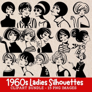 Paquete de imágenes prediseñadas de silueta de mujer joven retro Imágenes prediseñadas de chicas caprichosas de los años 60 Imágenes digitales Uso comercial