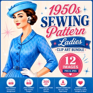 Op de afbeelding: Een digitale illustratie van een persoon met een blauwe hoed en een blauwe jurk met ruitpatroon, met de tekst 1950s SEWING Pattern Ladies CLIP ART BUNDLE 12 IMAGES PNG & JPEG, plus iconen voor 300 PPI, directe download en bestandsformaten.