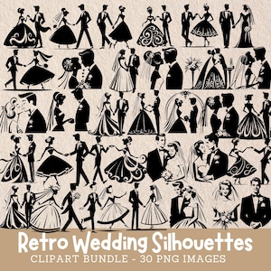 Vintage mariage Silhouette Clip Art Bundle mariée et le marié des années 1950 Fun mariage Images numériques Clipart usage Commercial