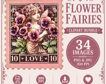 Flower Fairy Faux Stamps: Vintage Ephemera (Digital Download)