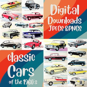 1960s Classic Cars PNGS Clipart Bundle - Jaguar Rolls Royce Mercedes Renault Rover and more