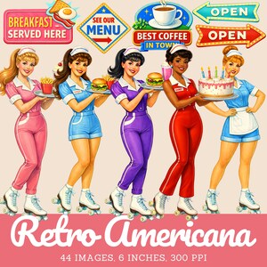 May include: Retro Americana digital art featuring five waitresses on roller skates, each holding food or a cake. The waitresses wear pink, blue, purple, and red uniforms. Signs read "Breakfast Served Here," "See Our Menu," and "Best Coffee in Town."