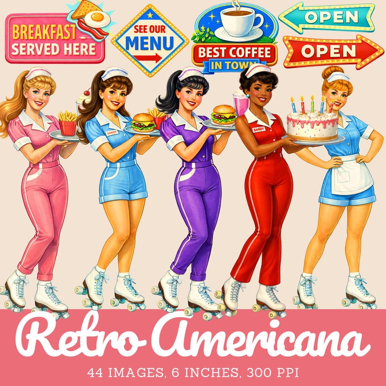 May include: Retro Americana digital art featuring five waitresses on roller skates, each holding food or a cake. The waitresses wear pink, blue, purple, and red uniforms. Signs read "Breakfast Served Here," "See Our Menu," and "Best Coffee in Town."