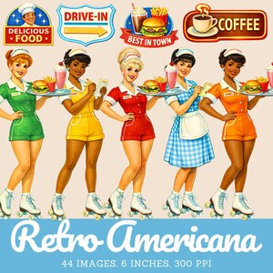 May include: Retro Americana digital art featuring five waitresses on roller skates, each holding trays with burgers, fries, and milkshakes. The image includes diner-themed signs and the text "Retro Americana".