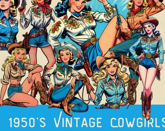 Vintage Cowgirls Clipart Bundle 1950s Women Cowgirl Fussy Cuts Western Ladies Retro Cowgirls PNG