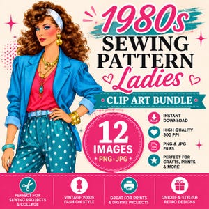 Puede incluir: Un paquete de imágenes digitales con una ilustración de moda de los años 80 de una persona con cabello castaño rizado, blazer azul, top rosa y pantalones de lunares. El texto dice 1980s SEWING PATTERN Ladies CLIP ART BUNDLE, 12 IMAGES, PNG & JPG.