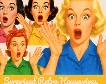 1950s Surprised Housewife Clip Art Bundle: Retro Digital Images (Commercial Use)
