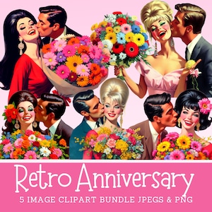 Paquete de imágenes prediseñadas de aniversario retro Imágenes prediseñadas de compromiso retro Imagen digital romántica retro de los años 60 con flores Descarga de imágenes digitales de pareja