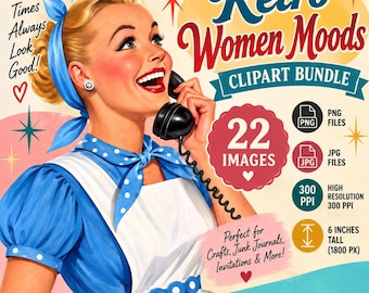 Könnte beinhalten: Ein digitales Clipart-Paket mit dem Titel Retro Women Moods, das eine Vintage-Illustration einer blonden Person mit blauem, gepunktetem Kopftuch zeigt, die an einem schwarzen Telefon spricht. Die Grafik enthält Text, Dateiformat-Symbole und eine 15 cm Angabe.