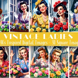 1940s Ladies and Flowers Clipart Bundle Retro Women Waving 1940s Woman Fussy Cuts 1940s Ladies