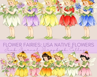 Vintage Flower Fairy Clipart Set – American Native Wildflowers, Victorian Storybook Fairies, Botanical Fairy PNG