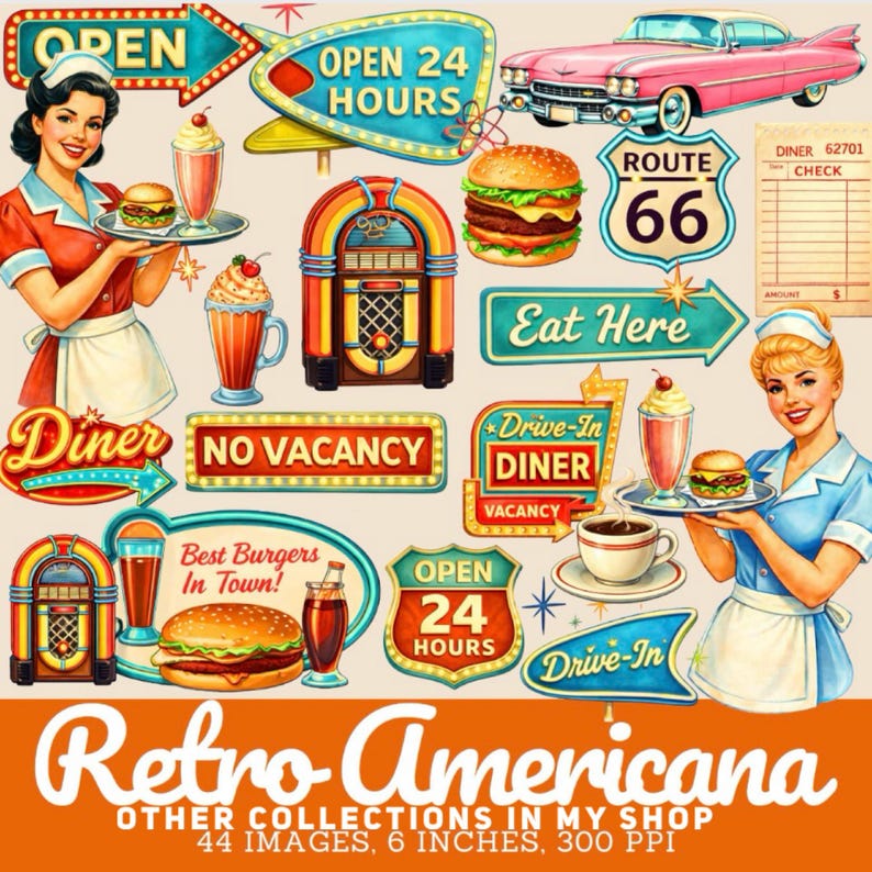 May include: A digital collage featuring retro diner elements. Includes waitresses, burgers, milkshakes, jukeboxes, classic cars, and signs with text like "Open 24 Hours," "Route 66," and "Eat Here." The overall theme is "Retro Americana."