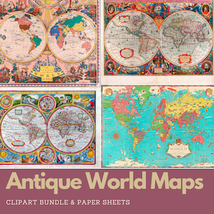 Antique World Maps Digital Paper Vintage World Maps Bundle Vintage Map Scrapbook Ephemera Clipart Bundle
