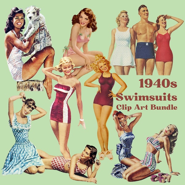 1940s Swimsuits PNG Retro Beachwear Clipart Bundle Instant Download