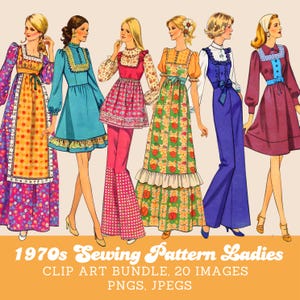 Puede incluir: Ilustración vintage con seis mujeres vestidas con ropa de los años 70. Los atuendos incluyen vestidos, monos y conjuntos en colores y estampados vibrantes. La imagen incluye el texto "1970s Sewing Pattern Ladies" y "CLIP ART BUNDLE, 20 IMAGES, PNGS, JPEGS."