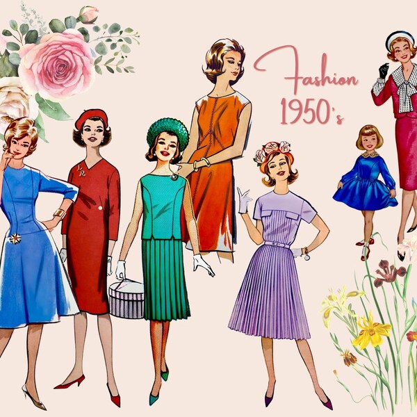 1950s Women Fashion Clipart Bundle PNGS