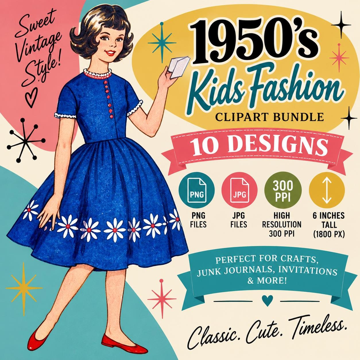 1950s Fashion Clipart Bundle: Vintage Girls PNG (digital Download