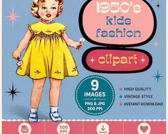 Paquete de imágenes prediseñadas para niños de los años 50 Imágenes prediseñadas de bebés vintage Recortes para niños y bebés