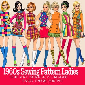 1960年代のファッションクリップアートバンドル、60年代のゴーゴーガール、ミッドセンチュリーの女性のファッション、1960年代のヴィンテージファッションのファジーカット、ギフトタグやジャンクジャーナル用