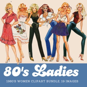 May include: Six women in 1980s style clothing. The women are wearing a variety of outfits, including a red and white dress, a white dress with a floral pattern, a black and white dress, a blue jean outfit, a blue jean outfit with a red and white striped top, and a black and white striped outfit. The women are all smiling and looking at the camera. 80's Ladies 1980's Women Clipart Bundle. 19 Images.