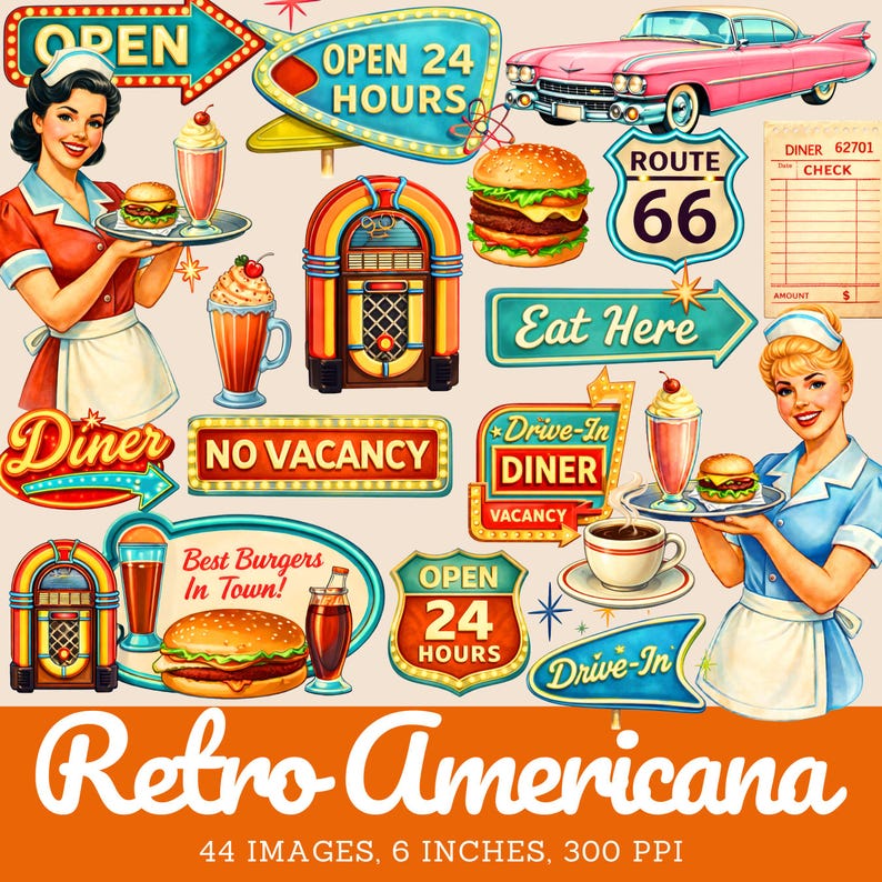 May include: A collection of retro-themed illustrations featuring two servers in uniforms, a pink classic car, jukeboxes, hamburgers, milkshakes, and various neon-style signs with text including Open, Route 66, Eat Here, and Best Burgers In Town.