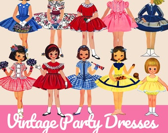 Jaren 1950 kinderen clip art Betsy McCall Party Dress Clipart PNG Midcentury Fashion Clipart Bundel voor Gift Tags en Cardmaking