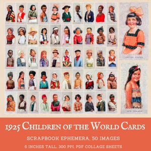 1920er Kinder Ephemera Clipart-Bundle, Vintage Kinder Sammelalbum Ephemera, 1925 Zigaretten-Sammelkarten digitale Bilder